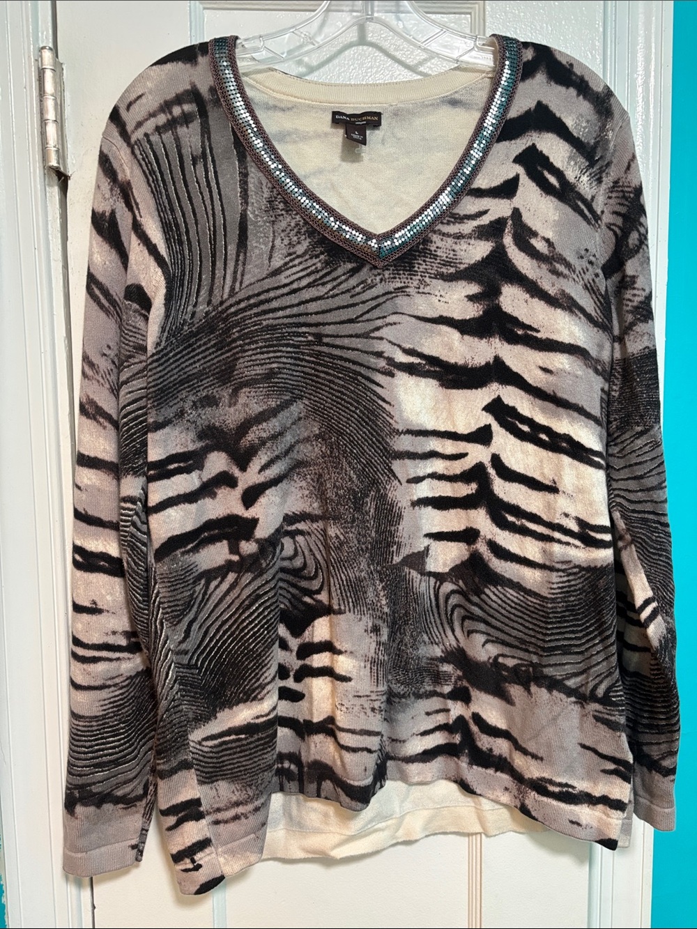 Dana Buchman Black & Cream V-Neck Animal Print Sweater with Beaded Trim